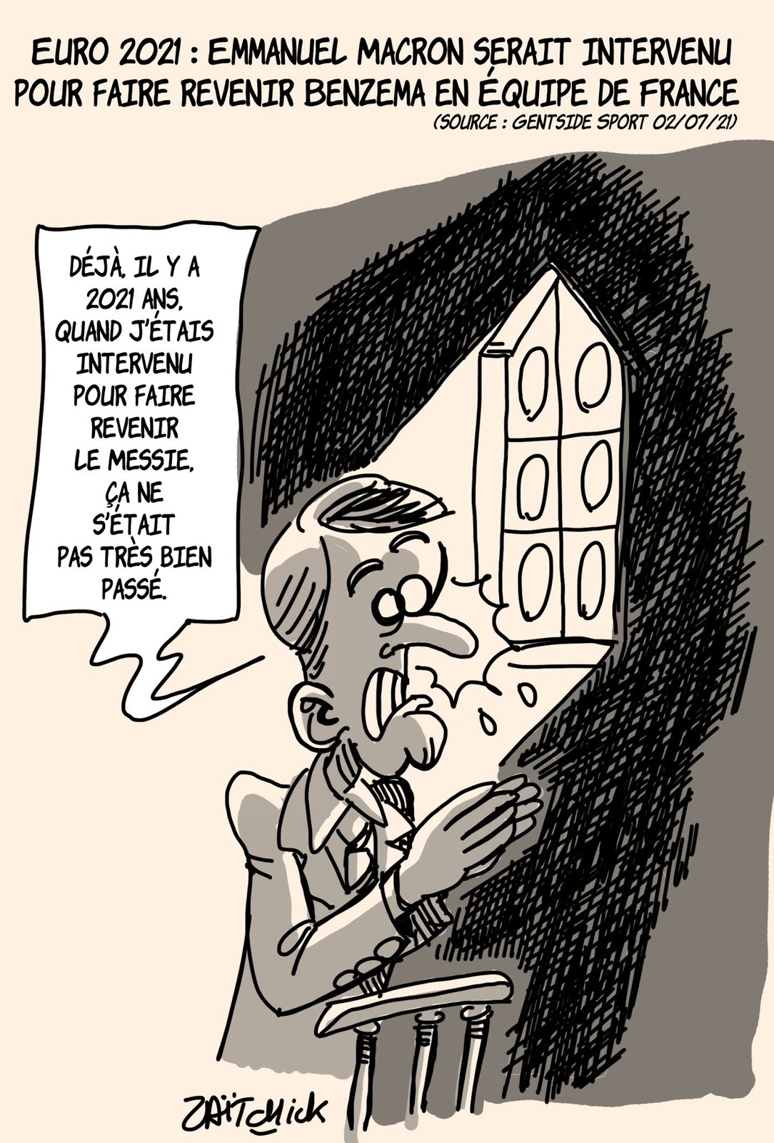 Macron la Poisse (un dessin, deux versions)